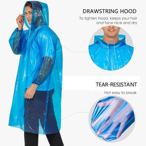 Image of Disposable Rain Ponchos for Adults, Clear Poncho with Hood, Emergency raincoats for Hiking, Camping, Travel