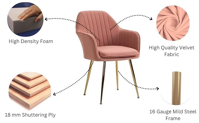 Image of Pink Velvet Chair for Home | Modern Accent Armchair in Soft Velvet Fabric with Golden Legs | Set of 2 Premium Accent Chair for Living Room Bedroom Restaurent | Pink, 2 pc (Pink)