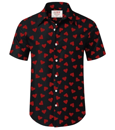 Arvilhill Mens Valentine Casual Shirt Black Color Heart Motif Pattern Short Sleeve Quality Material Funny Romantic Wear Black XL