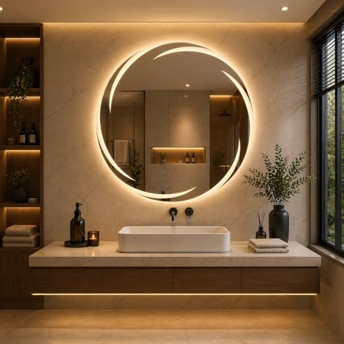 Image of Sunsyze 24 inch Round LED Bathroom Mirror - Dimmable Touch Control, 3-Color Lighting, Frameless Wall Mirror, HD Silver Glass