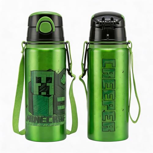 Minecraft AcidSketch Aluminium Water Bottle with Sling 600ml | Lightweight Leakproof Eco-Friendly | Minecraft Gift for Kids & Gamers Green