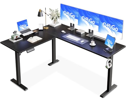 OffiGo Biurko w kształcie litery L z regulacją wysokości, 180 x 140 cm Biurko z regulacją wysokości elektryczne, Biurko narożne Ergonomiczny stół do siedzenia i stania Stół komputerowy, Czarne