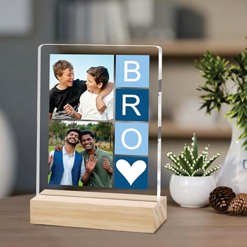 Image of Giftplease Customized Photo And Text Frame With Wooden Stand | Personalised Printed Photo Frame | Gift For Brother | Birthday | (Transparent, 5MM, 6 * 8 Inches), Tabletop BG 01