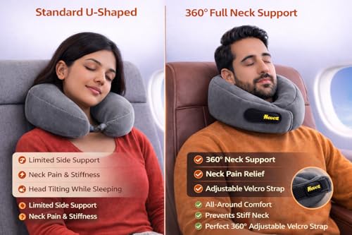 Image of HEVEA Travel Neck Pillow with Eye Mask,100% Memory Foam & 360 Degree Neck Support Pillow for Flight, Car, Bus,Train Travel, Adjustable Velcro, Washable Velvet Cover, Free Travel Pouch..(Gray)