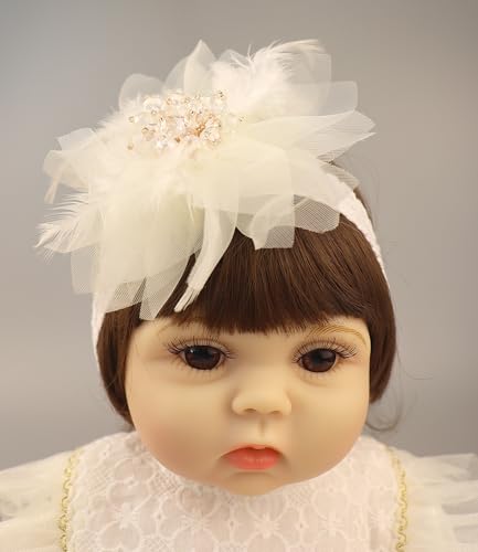 Bethynas Baby Girls Lace Feather Headband Beads Gauze Flower Elastic Toddler Hairband Birthday Party Princess Hair Accessories for Newborn Infant (White)