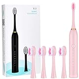  6 Modos Cepillo Eléctrico Sónico de Dientes Cepillo Eléctrico Recargable de Dientes con Temporizador de 2 Minutos y 4 Cabezales de Repuesto para Cepillo de Dientes para Adultos (Rosado)