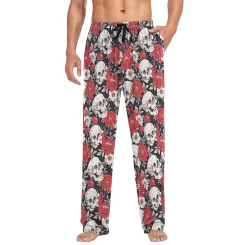 Vdsrup Men's Pajama Pants Skulls Rose Black Pajama Pants for Men PJs Bottoms Drawstring Pockets Sleep Lounge Pants S3