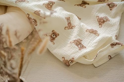 Little Jump 2-Pack Cotton Muslin Swaddle Blankets for Baby Boys Girls Unisex - Boho Teddy Bear Baby Blanket Nursery Swaddling Blankets- Large 47 x 47 inches Receiving Blanket Neutral (Teddy Bear)