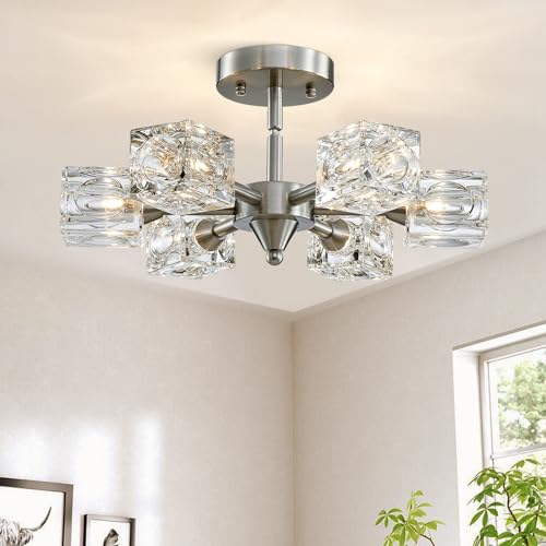 peskoe Sputnik Light Fixture Modern Chandelier, 16.9 Inch Brushed Nickel Semi Flush Mount Ceiling Light Fixture for Bedroom Hallway Kitchen Ofiice Foyer Dining Room Living Room Entry