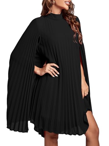 Image of Rooscier Women's Cloak Sleeve Party Midi Dress | Mock Neck Pleated Keyhole Back Flowy Dresses