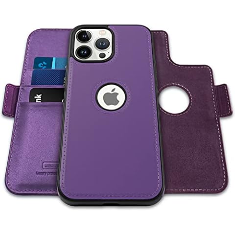 WenBelle for iPhone 13 Pro Max(6.7 inch), 2-in-1 Magnetic Detachable TPU Shockproof Genuine Leather Wallet Case,RFID Blocking Protection,Viewing Stand and Card Slots Flip Cases (Purple) Cover