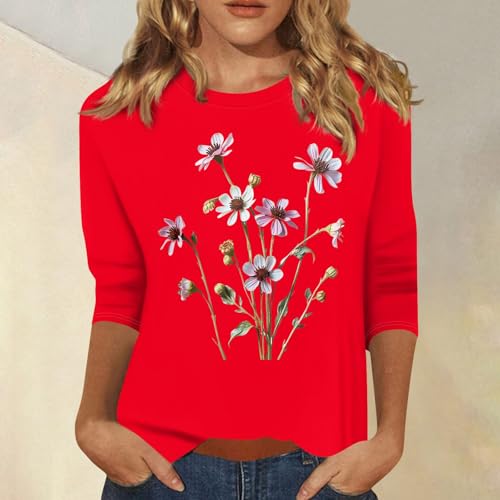 HTHLVMD Womens 3/4 Length Sleeve Tops 2025 Fall Fashion Floral Print Crewneck Causal Trendy Tunic Tops for Women