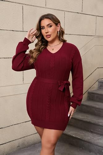 Image of Women's Plus Size Casual Sweater Dress Square Neck Long Lantern Sleeve Tie Waist Loose Pullover Sweater Dresses
