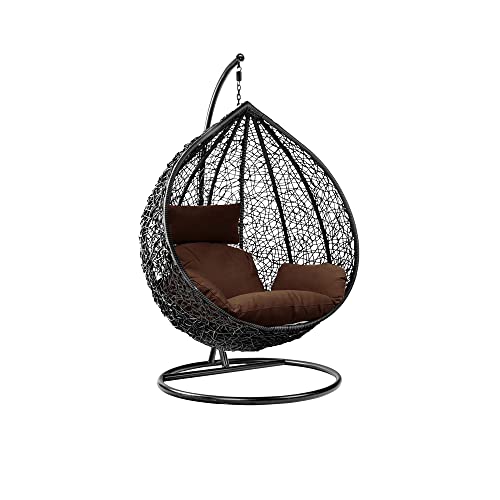 Garden Swing Egg Chair Hanging Chair Hammock Chair with Cushion, Patio Furniture Indoor Outdoor Lounge Black Chairs Brown Cushion with Sturdy Steel Frame