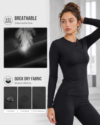 Image of 4 Pack Women's Compression Shirts Long Sleeve Workout Athletic Top | Moisture Wicking Quick Dry, Four-Way Stretch, Sun Protection, Opaque, Running Yoga Gym Bike, Crew Neck Underscrub Baselayer