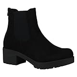  Damen Schuhe Chelsea Boots Blockabsatz Plateau Stiefeletten Leder-Optik 150483 Schwarz Velours 38 Flandell