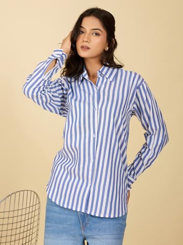 Image of Women's Cotton Striped Shirt | Casual Button Down Shirts for Women | Full Sleeve Stylish Office Wear Top | Regular Fit Color
