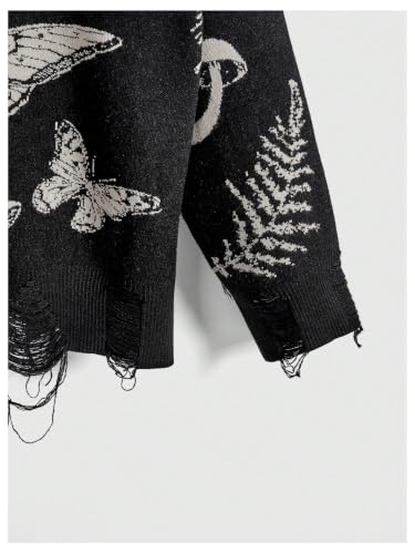 Image of WDIRARA Women's Goth Cartoon Pattern Sweater Knit Pullover Top | Long Sleeve, Crewneck