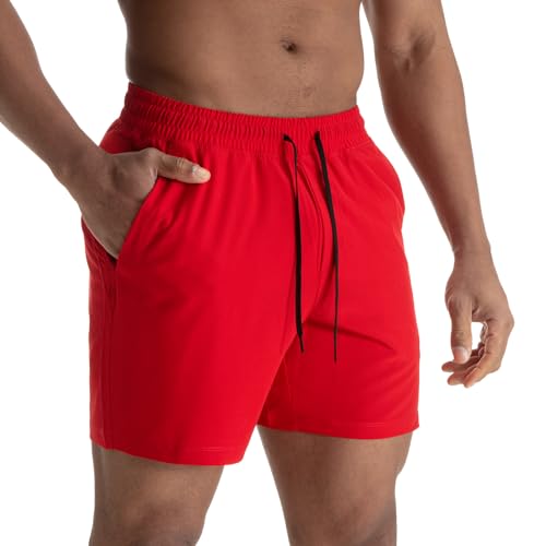 AITLGINVEN Pantalones cortos deportivos para correr para hombre, 12,7 cm, atlético, gimnasio, entrenamiento, baloncesto, tenis, con bolsillo con cremallera, Rojo -, Large