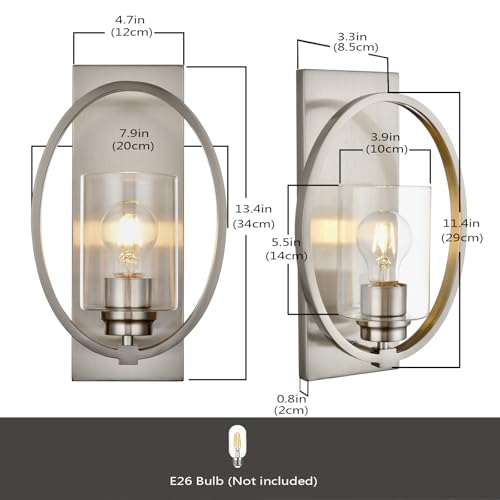Image of Vintage Wall Sconce with Glass Shade, 1-Light Brushed Nickel Farmhouse Wall Lights, Dimmable Bathroom Vanity Light for Mirror Hallway Living Room Bedroom (Nickel)
