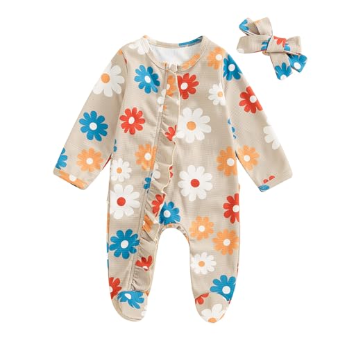 Image of Covvoliy Newborn Baby Girl Coming Home Clothes Long Sleeve Jumpsuit and Headband Infant Fall Winter Outfits (Khaki Flower, 3-6 Months)