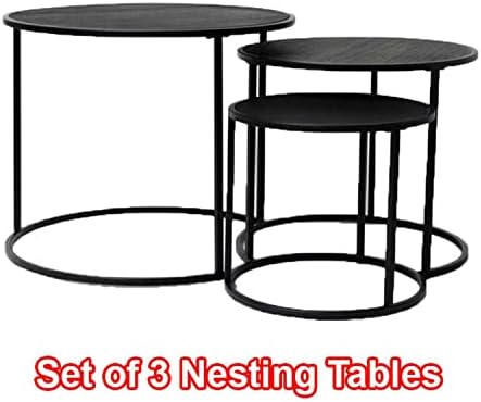 True Face Nesting Tables Round Set of 3 Nest of Coffee Table Metal Frame With Black MDF Table top for Hallway Bedroom Living Room