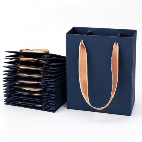 Red Dot Gift 10-Pack Luxury Navy Blue Gift Bags H16x14x6.5cm(Mini Size)230gsm Heavy Duty Small Paper Bags with Gold Satin Ribbon Handles for Jewelry Perfume and Party Favors