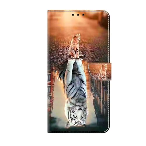 KRjcsfhy Hülle Case für Sony Xperia 10 IV, Lederhülle [ Premium Echtleder] [RFID Blocker] [Kartenfach] [Magnet] TPU Stoßfeste Klapphülle TPU Schutz für Sony Xperia 10 IV,Tiger Katzen