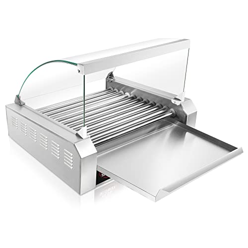 Olde Midway Electric 30 Hot Dog 11 Roller Grill Cooker Machine with Cover 1400-Watt - Commercial Grade