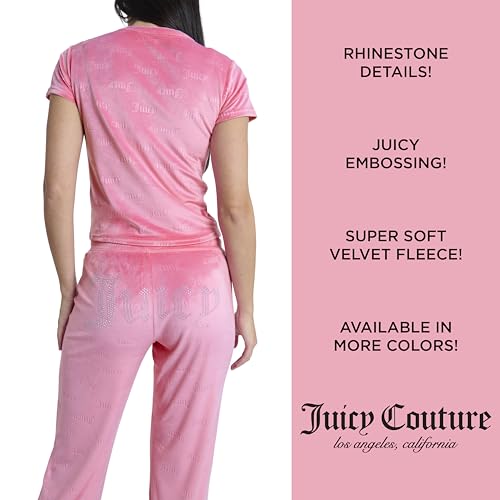 Image of Juicy Couture Women's 2 Piece Velvet Fleece Short Sleeve Shirt and Pants Lounge Sleepwear Set