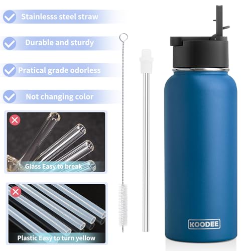 Image of koodee Sports Water Bottle with 3 Lids- 32 oz Stainless Steel Double Wall Vacuum Insulated Metal Water Bottle for Men-Reusable Travel Water Flask BPA Free(Navy)