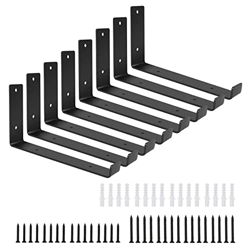 8 x Heavy Duty Shelf Brackets, Black Rustic Shelf Brackets for Wooden Wall Shelves Vintage Metal Shelf Bracket with Lip for Scaffold Board Shelving, 225mm x 140mm