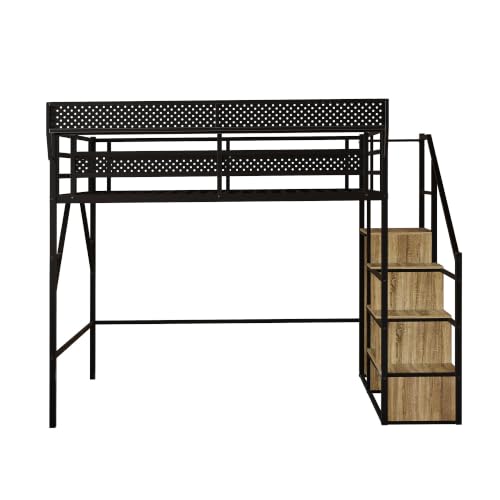 Image of Queen Size Metal Loft Bed with Reversible Stairs and LED & USB Port | Storage Shelf, Reversible Storage Stairs with Wardrobe, LED Lights,USB Charging Port,Sturdy Noise-Free Design,Large Under Bed