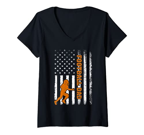 Womens Retro Vintage USA American Flag Football Dad Father's Day V-Neck T-Shirt, Black