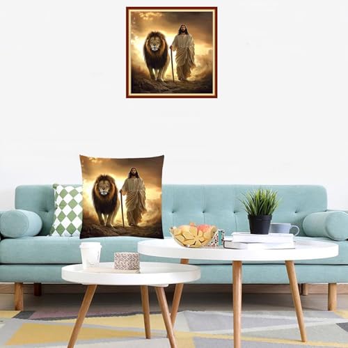 Image of Lovxvouy Pillow Cross Stitch Kits for Adults Beginners-Preprinted Needlepoint Kit Stamped Crossstitching Kits 11CT Cross-Stitch Kit Stitches Kit Embroidery Kits-Jesus the Lion 18x18 inchs