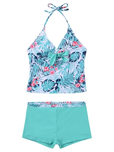 Girls' Summer Tankini Set Halter V-Neck Crop Tops with Bottoms Two Piece Swimsuit Bathing Suit