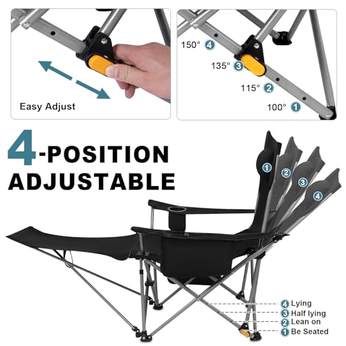 Image of 2Pack 4-Position Reclining Camping Chair with Removable Footrest, 2-in-1 Adjustable Portable Lounge Chair with Cooler Bag, Cup Holder, Side Pockets & Carry Bag for Outdoor, Black