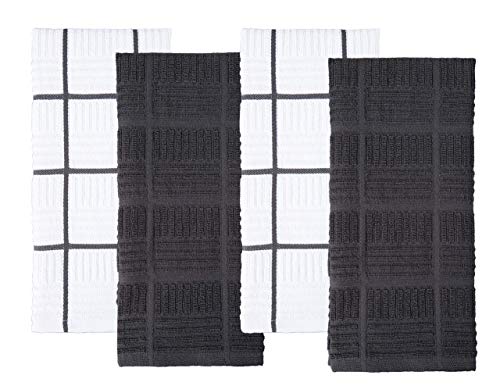 Sticky Toffee Cotton Kitchen Towels Set of 4, Gray and White, 28 x 16 in, Absorbent Reusable Hand and Dish Towels, Tea Towels, Oeko-Tex Certified