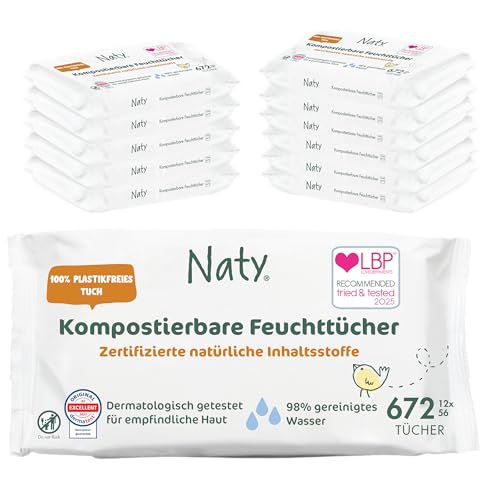 Naty Baby Feuchttücher | 100% pflanzenbasiert & unparfümiert für empfindliche Haut | Plastikfreie & zertifiziert kompostierbare Tücher mit 98% gereinigtem Wasser | 672 Tücher (12 Packungen)*