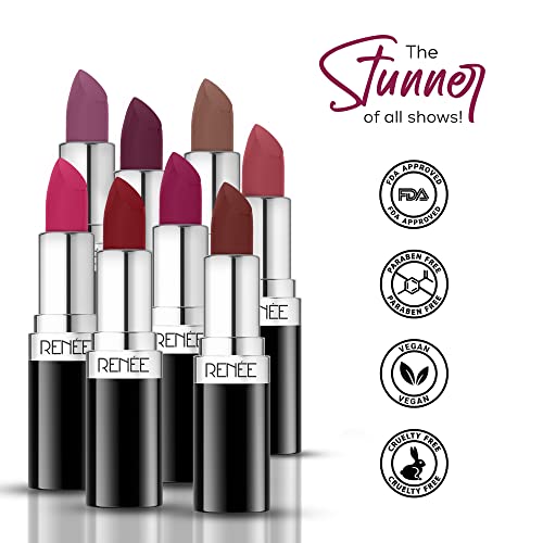 Image of RENEE Stunner Matte Lipstick - High Power 4gm| Intense Color Pay Off, Full Coverage Long Lasting Weightless Velvety Formula with One Swipe Application| Enriched with Vitamin E & Hyaluronic Acid