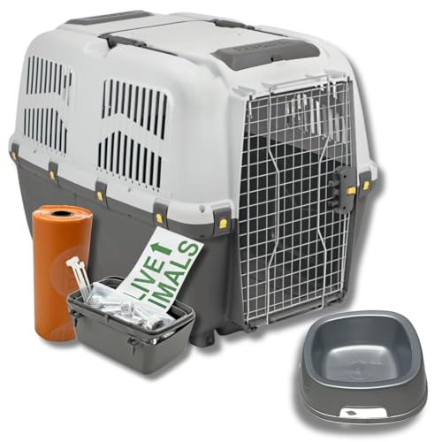 Pet’s Market Trasportino Skudo 7 Gatto Cane Rigido con Kit da Viaggio Sacchetti Igienici e 2 Ciotole Casuali in Omaggio Animali Porta Ferro Fessure Conforme Standard Aerei (7 (105x73x76h) + Kit)