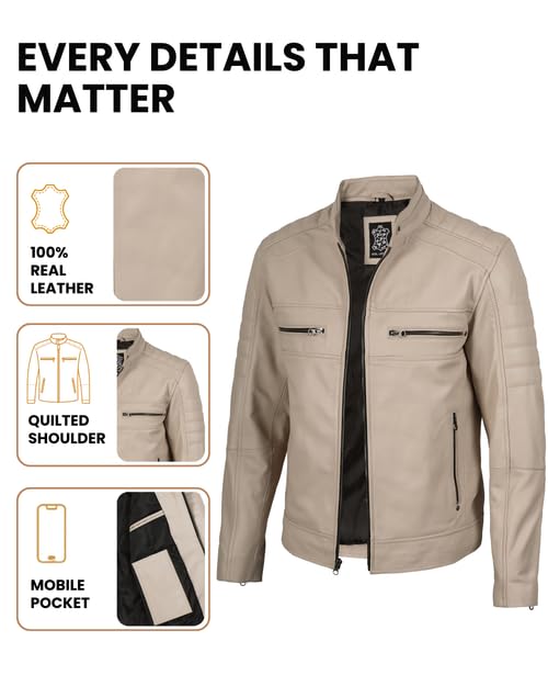 Image of Decrum Cafe Racer Leather Jacket for Men - Real Lambskin Motorcycle Style Mens Jacket with Zipper Closure