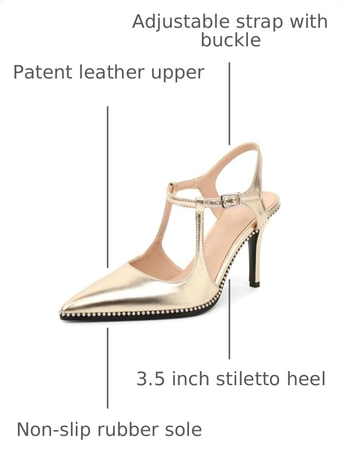 Image of SAMMITOP Womens High Heels Ankle Strap Pointed Toe Stilettos Patent Leather Beaded Pumps Dress Shoes 3.5 Inch