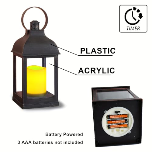 Image of 2 Pack Decorative Lantern with flameless LED Candle Lights, ON /Off /Timer Candle with 6Hours, Outdoor /Indoor LED Lantern, Use AAA Battery(not Include) Bronze Plastic, 4x9