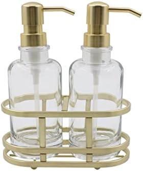 3-Piece Round Heavy Weight Glass Soap Lotion Pump Dispenser Set with Metal Caddy for Home Bath Kitchen Travel Office Hand Crafted Metal Tray (Brushed Gold)