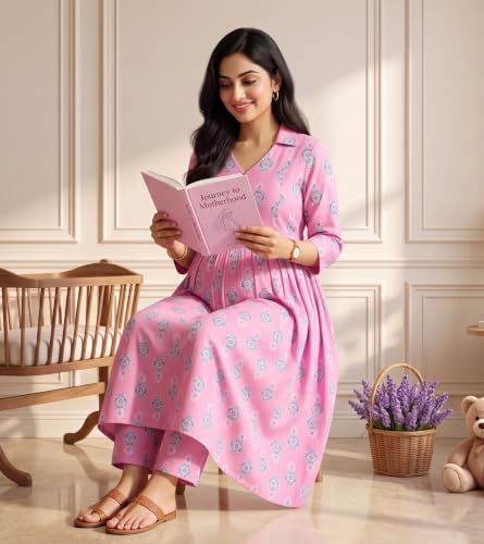 Image of DUMMY SHAPE Maternity Dresses for Women Cotton | Floral Kurta Pant Dupatta Set with Nursing Zippers, Side Pocket | Pre & Post Pregnancy | Feeding Kurti Suit | Baby Shower | Gifts for Pregnant Woman