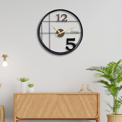Image of Wakefit Cloque Iron Analog Round wall Clock (48.2 X 50.8 X 10 cm, Black)