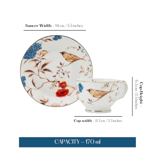 Image of GOLDEN QUEEN'S Cup & Saucer Set | Perfect for Hosting & for Tea /Coffee Lovers | Handcrafted in India, Inspired by Florals & 24K Gold Rim | 6 Cups & 6 Saucers |170 ml - Birdsong & Blooming Blossoms