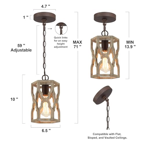 Image of KSANA Farmhouse Wood Pendant Light, Cage Lantern Hanging Light Fixture for Kitchen Island, Foyer, Hallway, Bedroom and Entryway