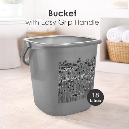 Image of Nayasa Square Ring Funk Plastic Bathroom Bucket Set with Mug & Stool | 18 Liters Bucket + 1.5 Liters Mug | Set of 3 | Black